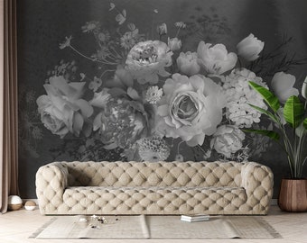Black and white vintage floral wallpaper | Self adhesive | Peel & Stick | Repositionable removable wallpaper