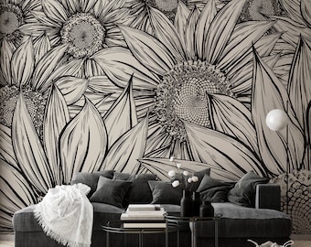 Sunflower line art wallpaper | Self adhesive | Peel & Stick | Repositionable removable wallpaper