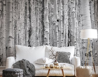 Black and white birch tree forest wallpaper| Self adhesive | Peel and Stick | Repositionable removable wallpaper