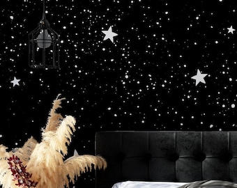 Black wallpaper with white stars | Self adhesive | Peel & Stick | Repositionable removable wallpaper