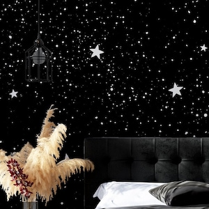 Black wallpaper with white stars | Self adhesive | Peel & Stick | Repositionable removable wallpaper