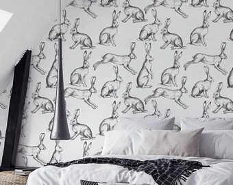 White wallpaper with rabbit pattern | Self adhesive | Peel & Stick | Repositionable removable wallpaper