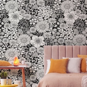 Small field flowers black and white wallpaper, daisy pattern | Self adhesive | Peel & Stick | Repositionable removable wallpaper