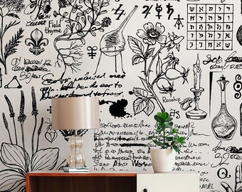 Medicine themed wallpaper, herbs and mystic symbols | Self adhesive | Peel & Stick | Repositionable removable wallpaper