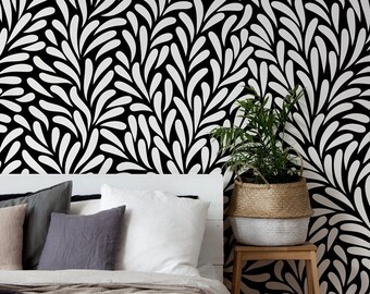 Black and white vector leaves wallpaper | Self adhesive | Peel & Stick | Repositionable removable wallpaper