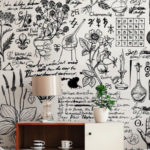 Medicine themed wallpaper, herbs and mystic symbols | Self adhesive | Peel & Stick | Repositionable removable wallpaper