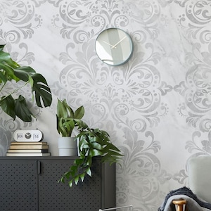 White and light gray art deco concrete marble damask matte wallpaper | Self adhesive | Peel and Stick | Repositionable removable wallpaper