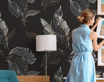 Black tropical leaf pattern wallpaper | Self adhesive | Peel & Stick | Repositionable removable wallpaper