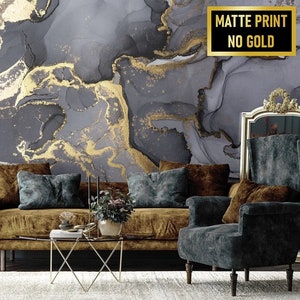 Graphite abstract marbled mural with yellow dust accent, matte wallpaper | Self adhesive | Peel & Stick | Repositionable removable wallpaper
