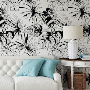 White Wallpaper with Hand Drawn Black Monstera and Fan Palm Leaves • Peel and Stick *self adhesive* or Non-Pasted Vinyl Materials •