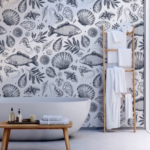 White wallpaper with black fish and sea shells pattern | Self adhesive | Peel & Stick | Repositionable removable wallpaper
