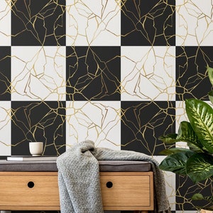 Black and white tiles wallpaper with cracks (no metallic effects) | Self adhesive | Peel & Stick | Repositionable removable wallpaper