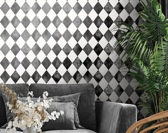 Small black and white watercolor geometric checkered argyle wallpaper | Self adhesive | Peel and Stick | Repositionable removable wallpaper