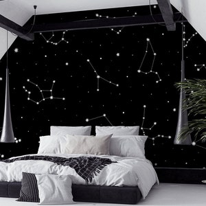 Dark space wallpaper with white constellations Self adhesive Peel & Stick Repositionable removable wallpaper image 1