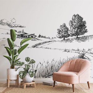 Hand Drawn Village Landscape Black & White Wallpaper • Peel and Stick *self adhesive* or Non-Pasted Vinyl Materials •
