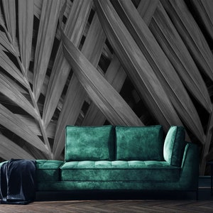 Dark tropical wallpaper with palm leaves | Self adhesive | Peel & Stick | Repositionable removable wallpaper