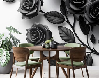 Papel pintado de rosas abstractas oscuras sobre fondo blanco, mural de pared floral • Despegue y pegue *autoadhesivo* o materiales de vinilo no pegados •
