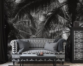 Papel pintado de palmeras oscuras, mural de pared tropical en blanco y negro • Materiales autoadhesivos o de vinilo sin adhesivo •