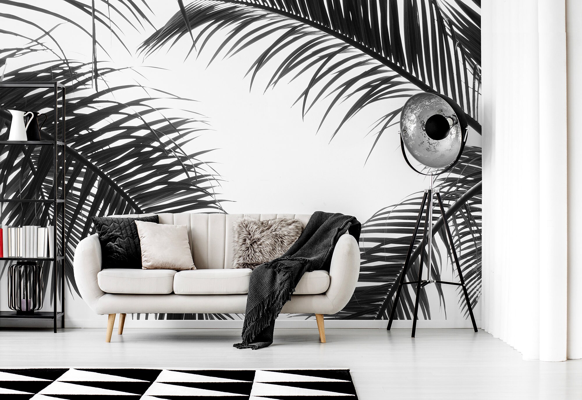 White Wallpaper With Black Palm Leaves Hanging Self Adhesive Etsy
