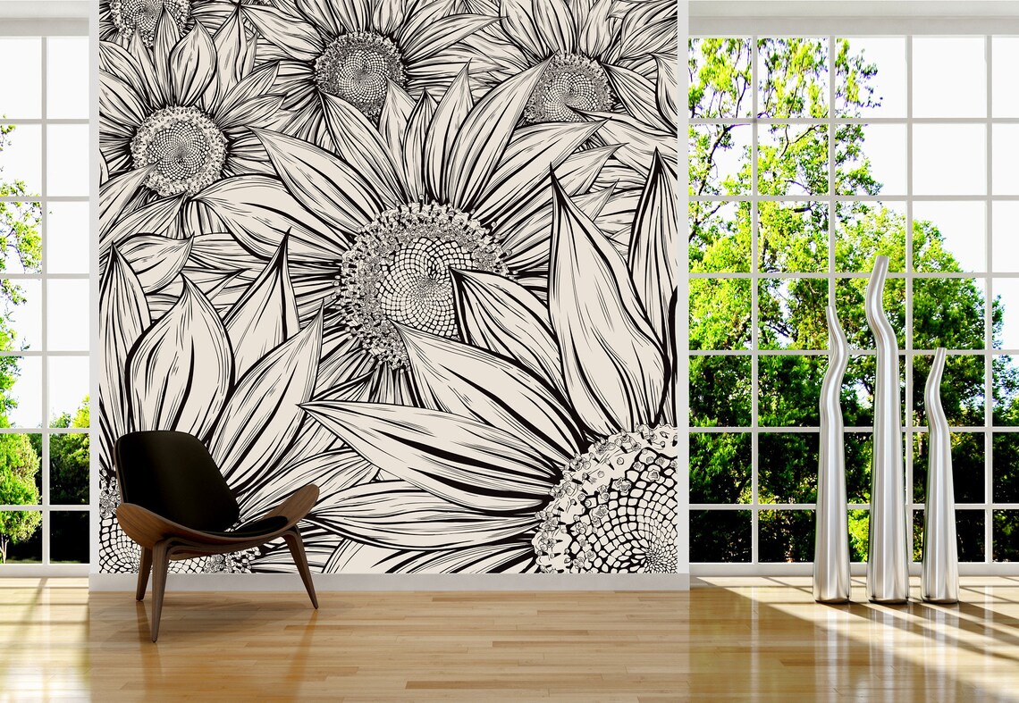 Sunflower Line Art Wallpaper Self Adhesive Peel Stick sunflower-line-art-wallpaper-self-adhesive-peel-stick