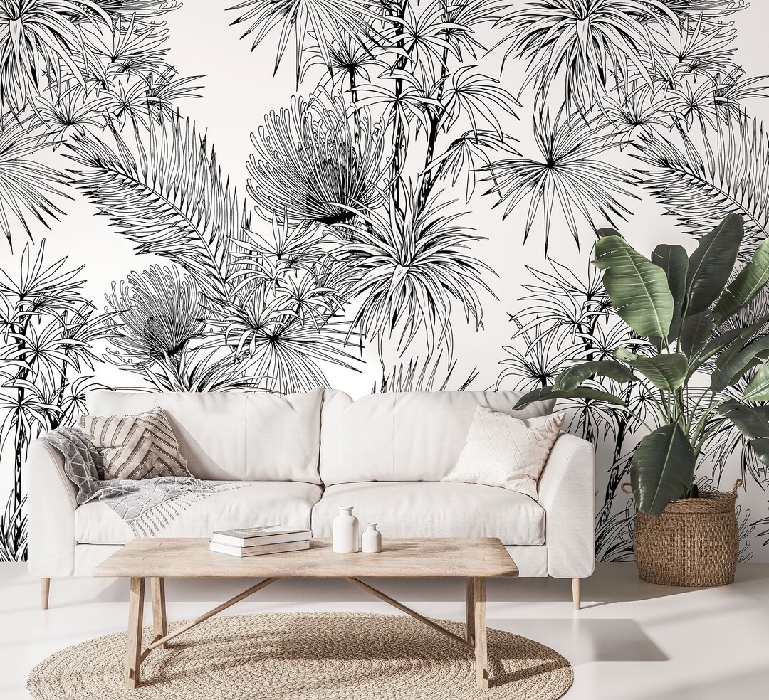 Trees & Leaves Tropical Wallpaper, Black and White Palm Tree Wall Mural ...