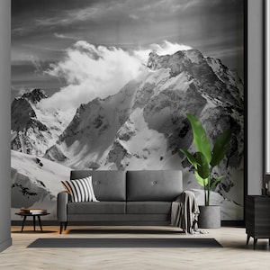 Black & White Mountain Landscape Wallpaper • Peel and Stick *self adhesive* or Non-Pasted Vinyl Materials •
