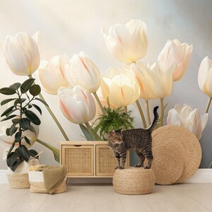 Carta da parati con tulipani chiari, carta da parati fotografica con fiori di tulipano, decorazione murale floreale • Stacca e incolla *autoadesivo* o materiali vinilici non incollati •