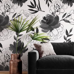Schwarz-weiße Aquarellblüten-Tapete (keine metallischen Effekte) | Selbstklebend | Abziehen und aufkleben | Repositionierbare, abnehmbare Tapete