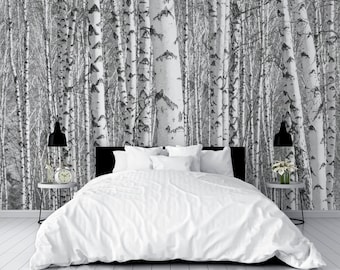 Birch tree forest photo wallpaper | Self adhesive | Peel and Stick | Repositionable removable wallpaper