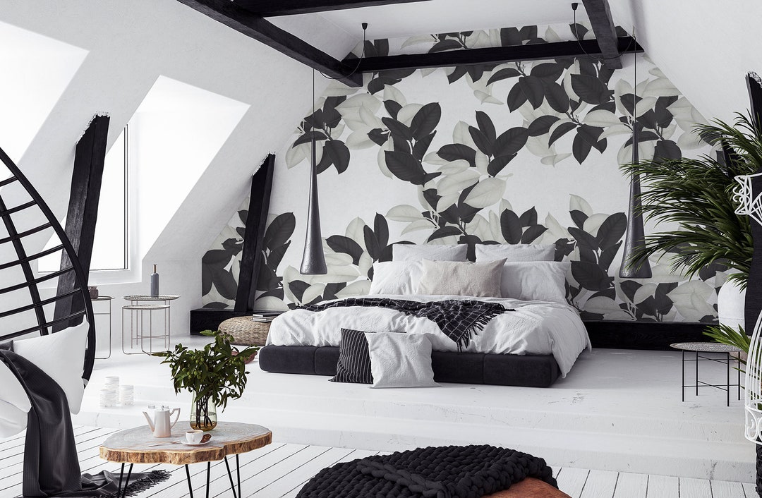 Black and White Leaves Photo Wallpaper | Self Adhesive | Peel & Stick ...