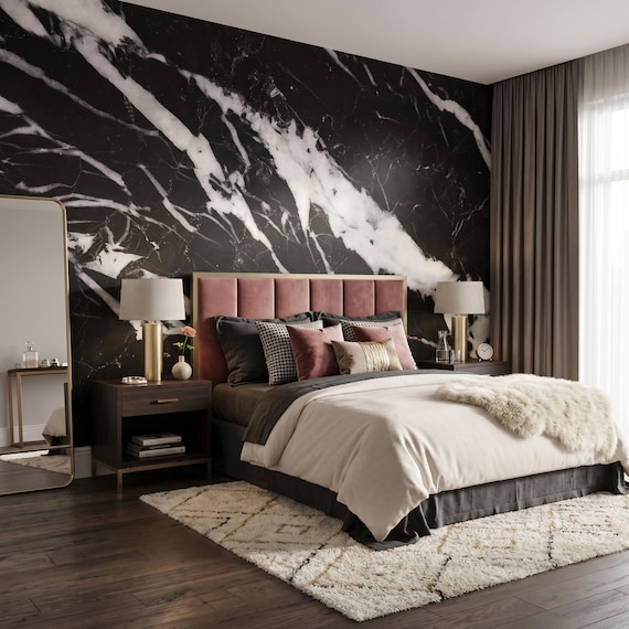 Black and white marble stone surface wallpaper, polished gem mural, home decor, peel and stick *self adhesive* or traditional vinyl paper