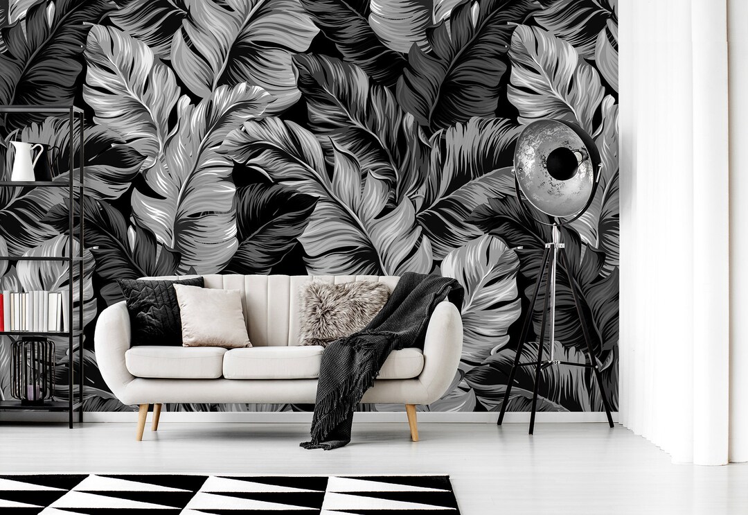 Black and White Vector Tropical Leaves Wallpaper | Self Adhesive | Peel ...