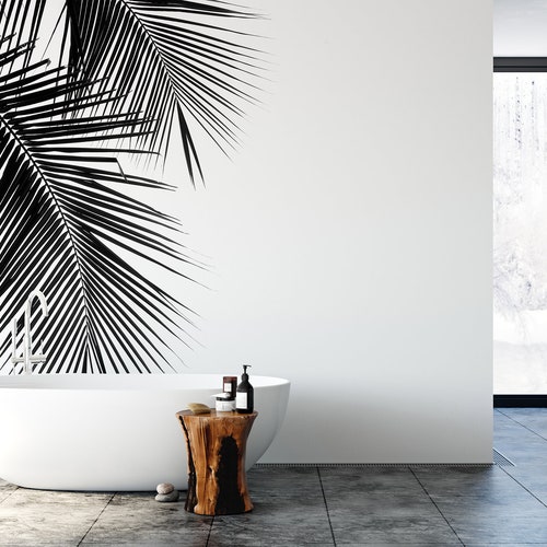 Black Wallpaper With White Palm Leaves Self Adhesive Peel Etsy