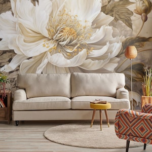White Flower Abstract Wallpaper, Brown Floral Wall Mural • Peel and Stick *self adhesive* or Non-Pasted Vinyl Materials •