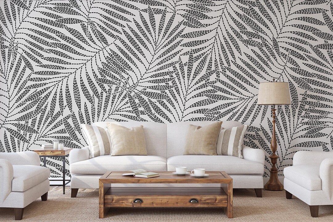 Dotted Leaves Wallpaper, Black and White Botanical Wall Mural • Peel ...