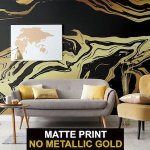Abstrakte fließende Tapete, modernes Dekor in Schwarz und Gelb • Abziehen und Aufkleben *selbstklebend* oder nicht geklebte Vinylmaterialien •