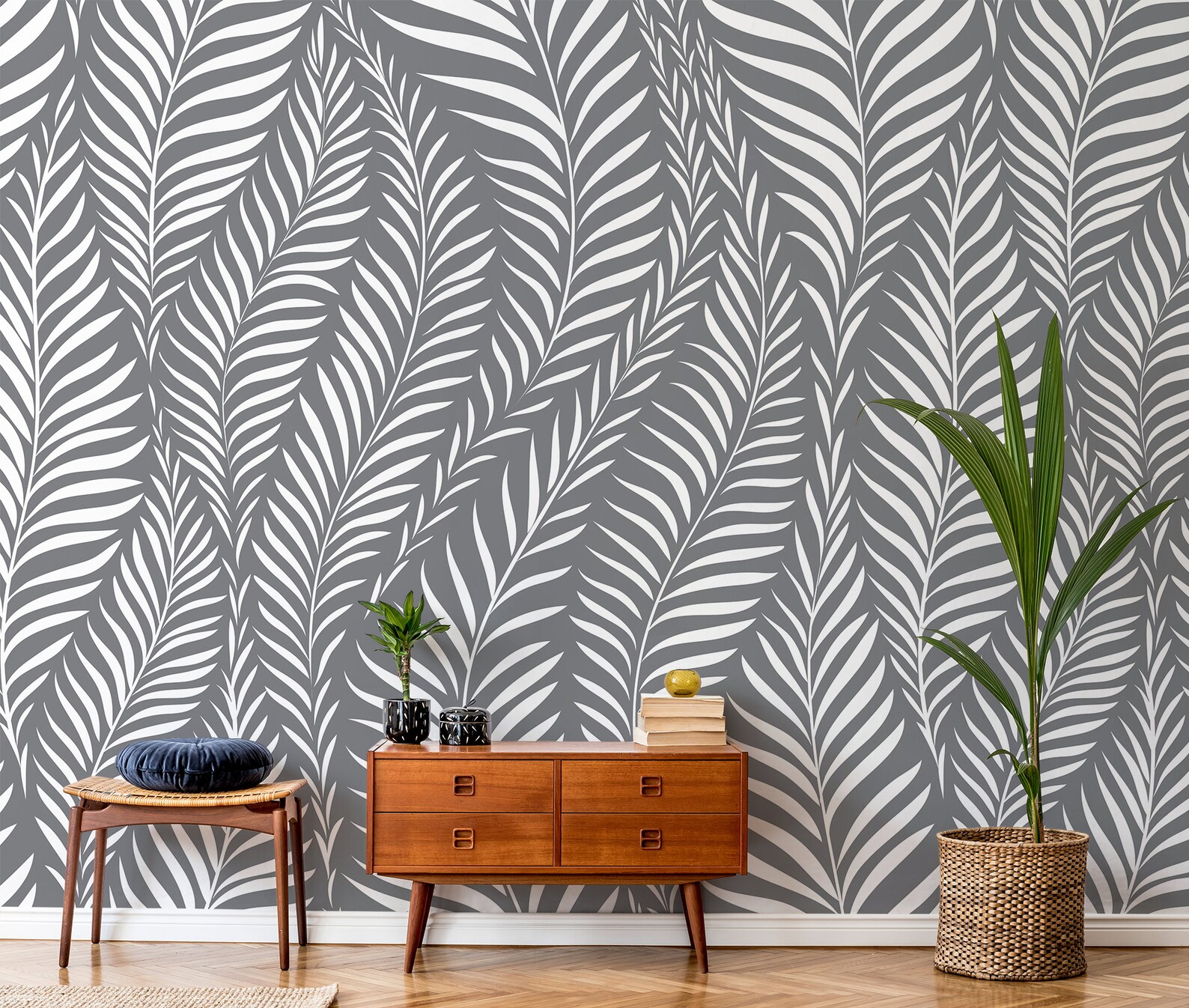 Vector Gray and White Palm Leaf Wallpaper | Self Adhesive | Peel ...