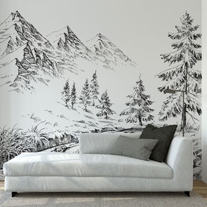 Mountain & Conifer Trees Hand Drawn Black and White Landscape Wallpaper • Peel and Stick *self adhesive* or Non-Pasted Vinyl Materials •