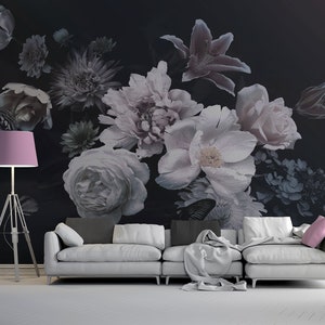 Black wallpaper with various fresh flowers | Self adhesive | Peel & Stick | Repositionable removable wallpaper