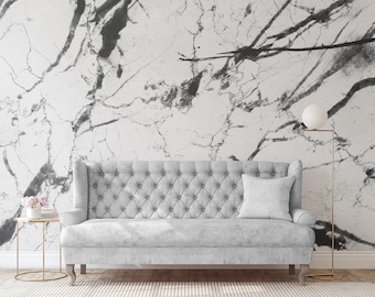 White Marble Wallpaper with Black Stripes, Natural Stone Wall Mural • Peel and Stick *self adhesive* or Non-Pasted Vinyl Materials •