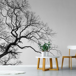 Wallpaper with black tree on white background | Self adhesive | Peel & Stick | Repositionable removable wallpaper