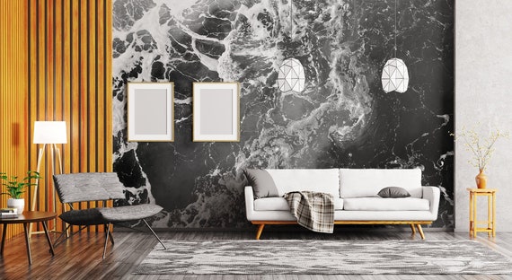 Sea waves wallpaper, sea foam, black and white ocean wave | Self adhesive | Peel & Stick | Repositionable removable wallpaper