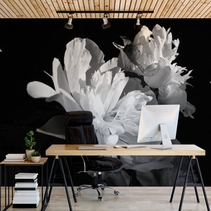 Black photo wallpaper with white fresh flowers | Self adhesive | Peel & Stick | Repositionable removable wallpaper