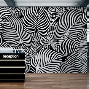 Black and white psychedelic leaves line art wallpaper | Self adhesive | Peel & Stick | Repositionable removable wallpaper