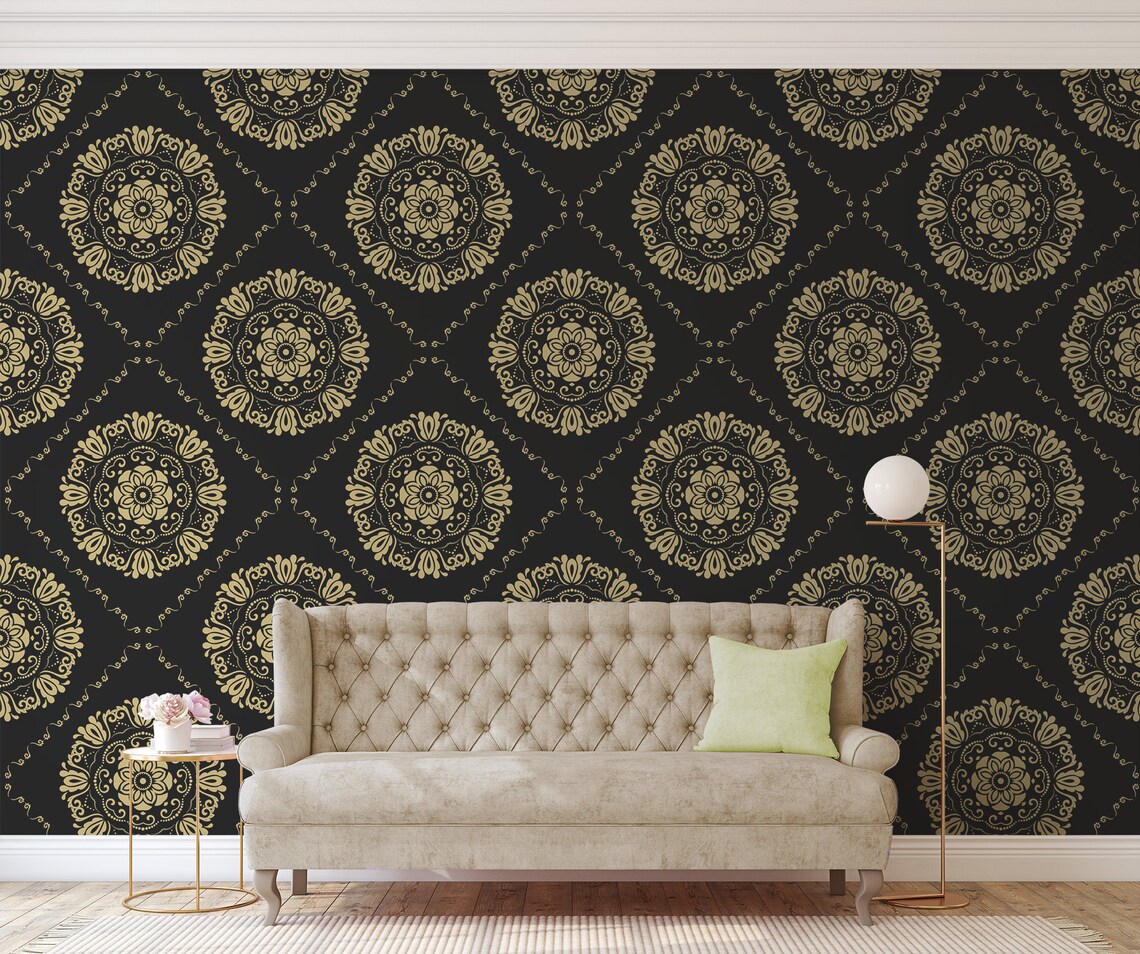 Black Damask Pattern Photo Wallpaper Self Adhesive Peel & - Etsy