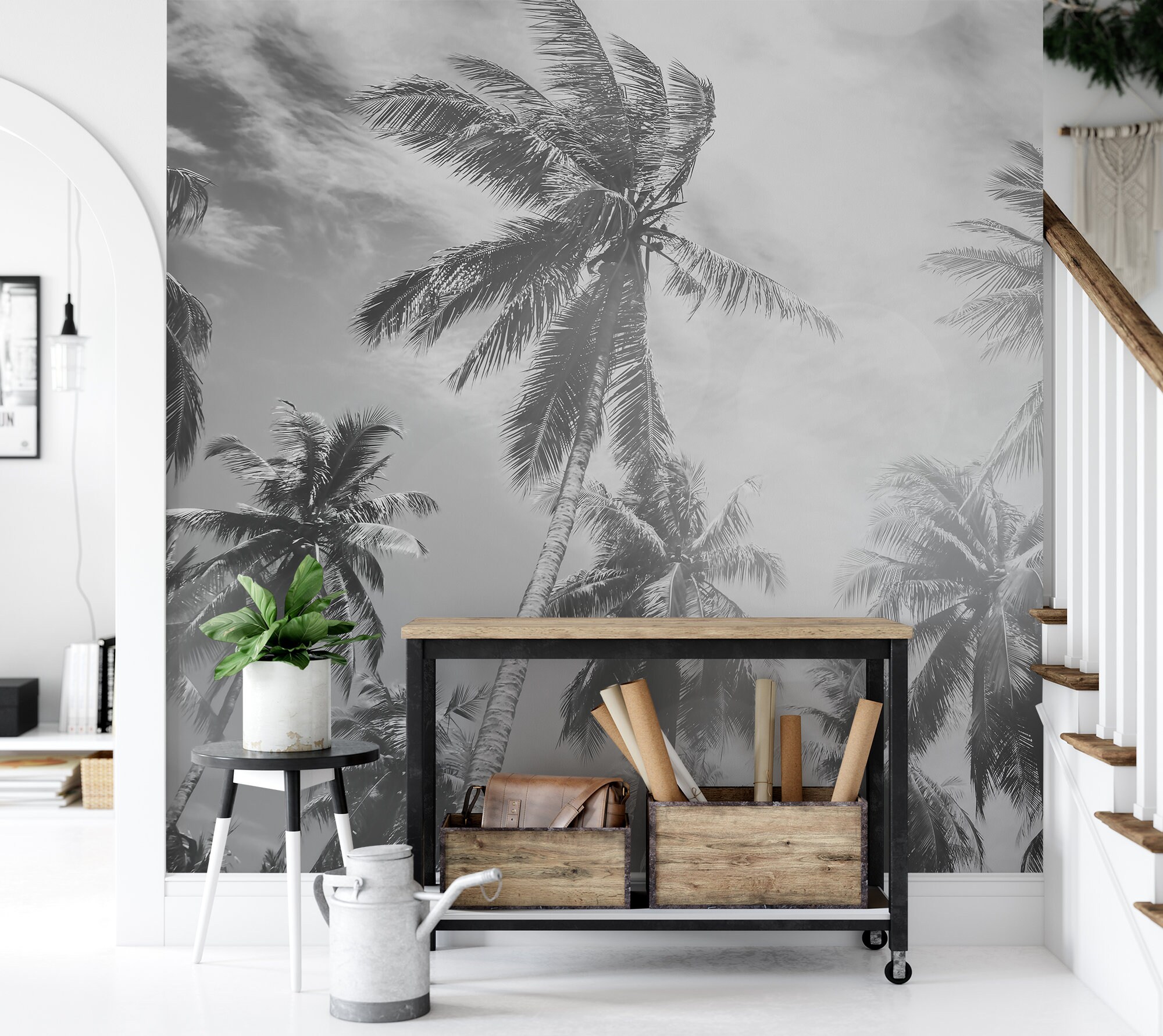 Black and White Palm Trees Photo Wallpaper | Self Adhesive | Peel ...