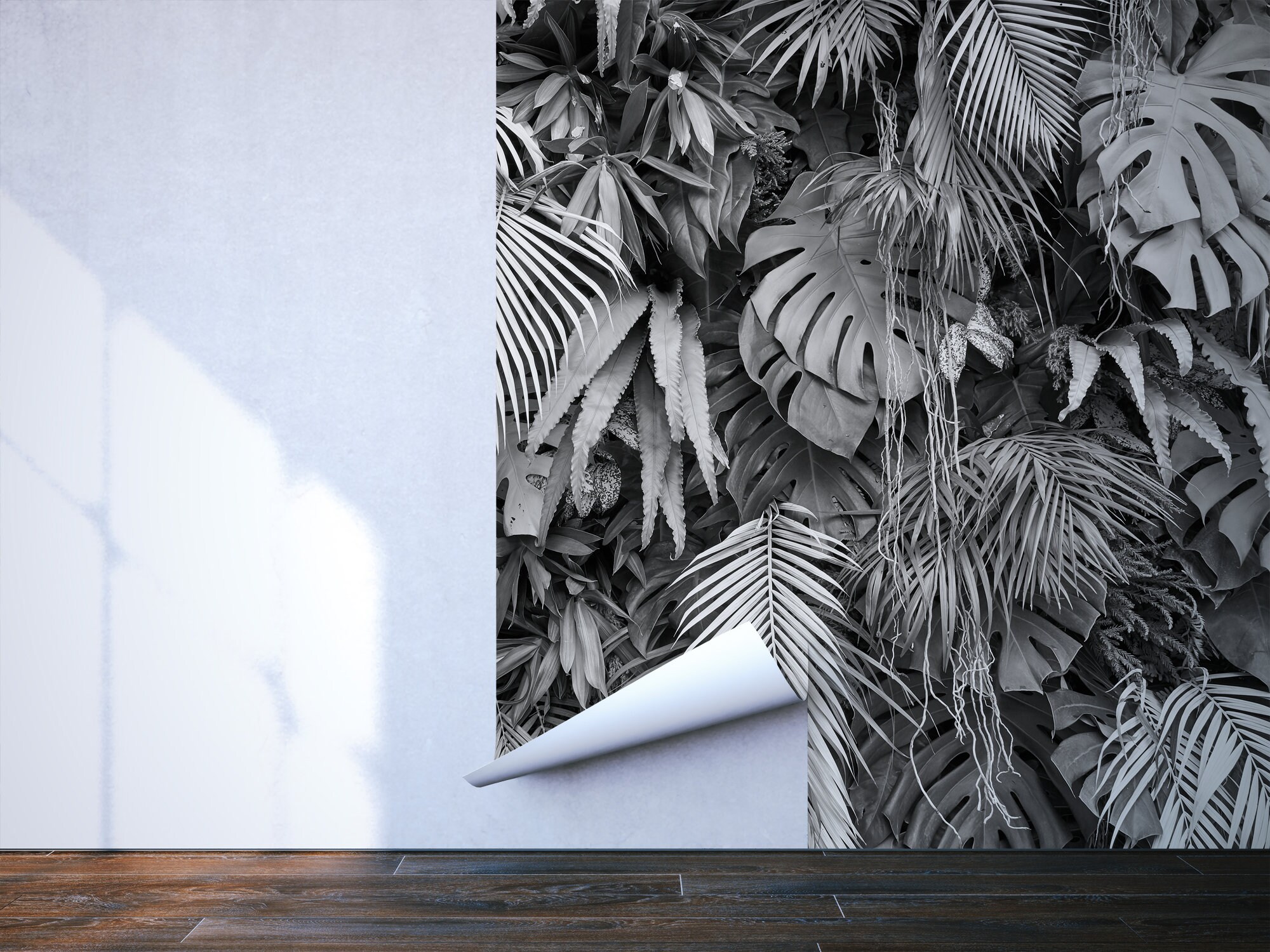 Black and White Tropical Leaves Photo Wallpaper | Self Adhesive | Peel ...