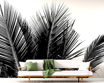 Black and white summer palm leaves wallpaper | Self adhesive | Peel & Stick | Repositionable removable wallpaper