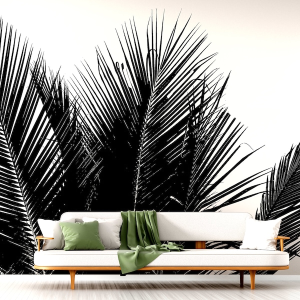 Black and White Palm Leaf Wallpaper - Etsy