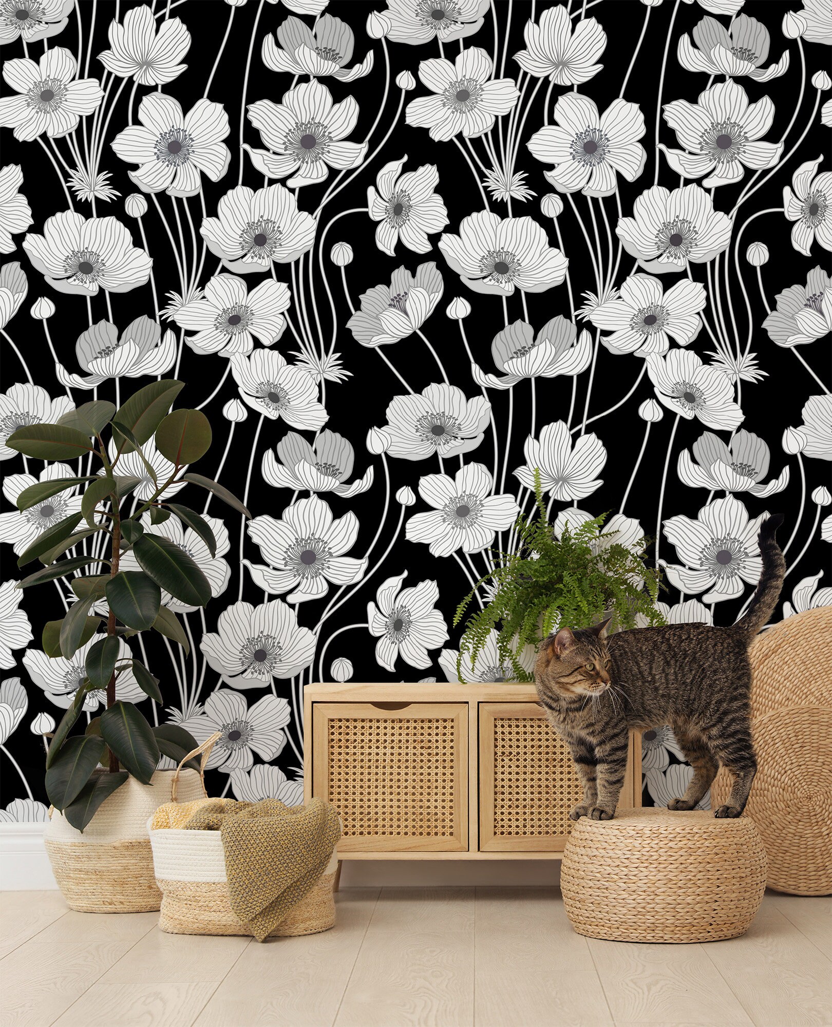 Blossoms Black & White Botanical Wallpaper, Floral Wall Mural • Peel